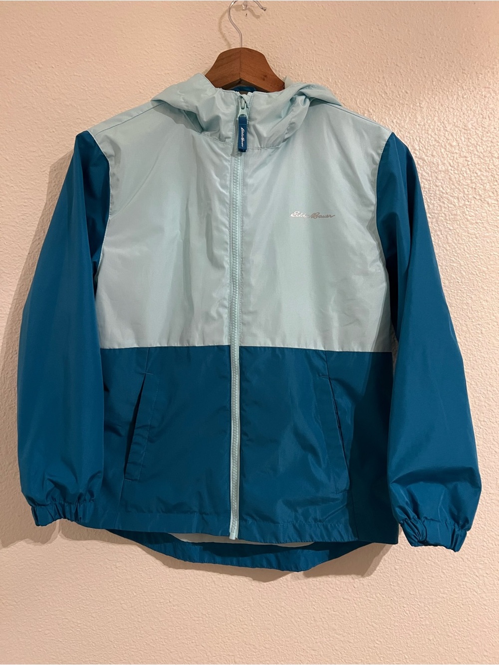 Eddie Bauer Kids Two-Tone Light Teal and Dark Teal Hooded Rain Jacket